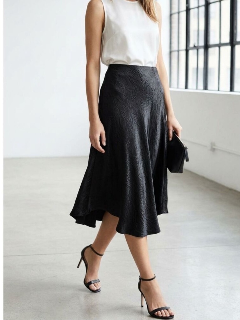 Vince Black Satin Asymmetrical Midi Skirt Contemporary Minimalist‎ Size Medium
